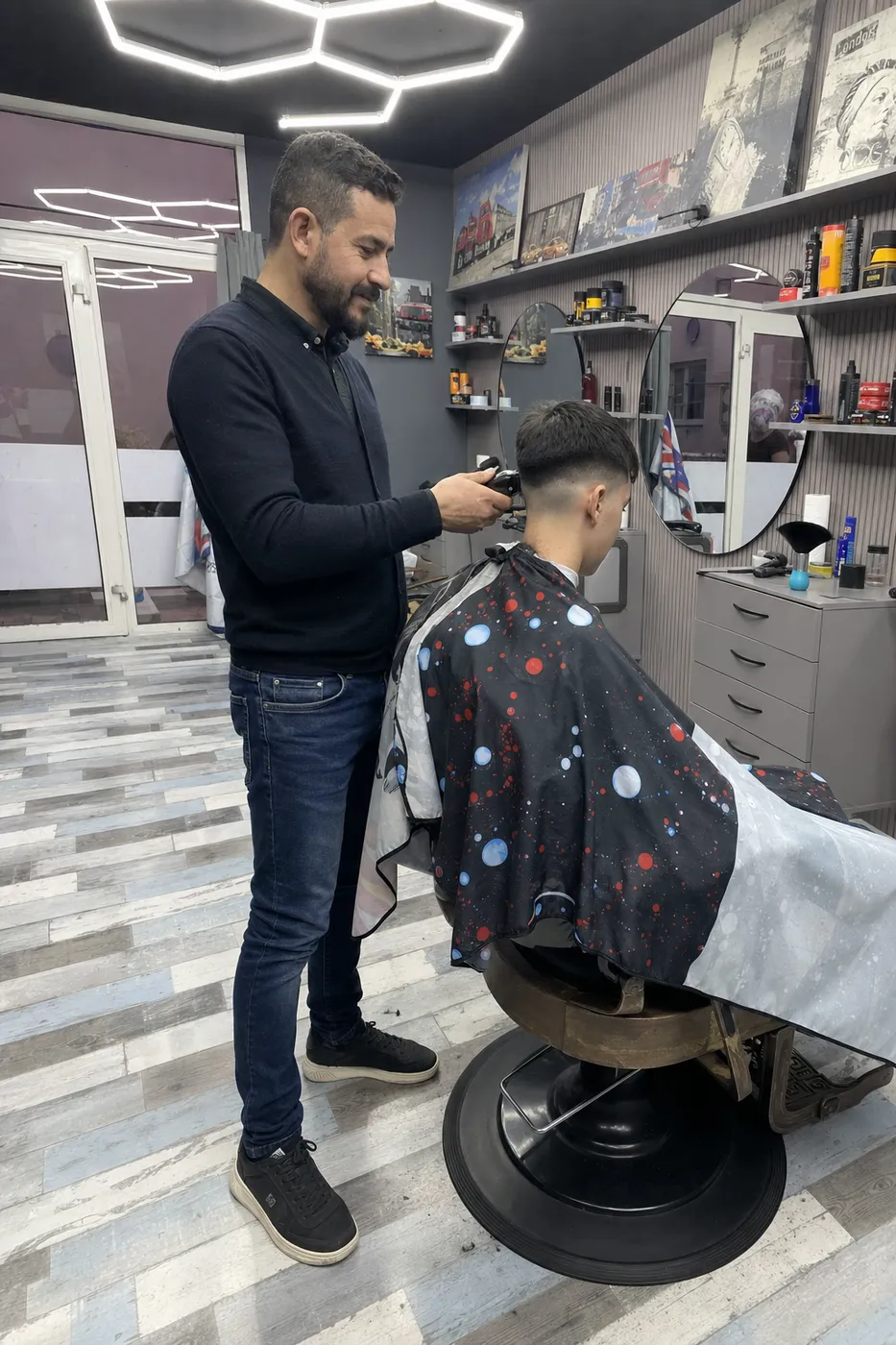 Le barbier réalisant une coupe à la tondeuse